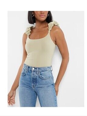 Express Ruched Puff Strap Scoop Neck Thong Bodysuit